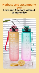 Detail of gradient large water bottles with time markers, flip-top lids, and carrying straps