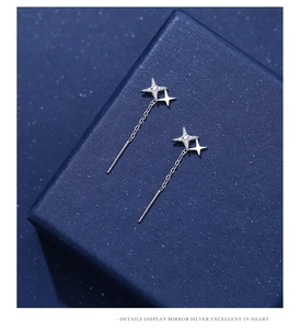 Macro shot of S925 sterling silver four-point star threader earrings with zircon stones
