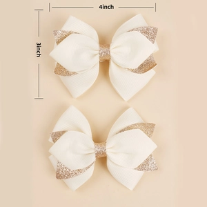 Set of two white ribbon hair bows with gold sequins for girls 4x3 inch size