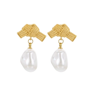 Elegant gold bow-shaped knot earrings with natural baroque freshwater pearl pendants