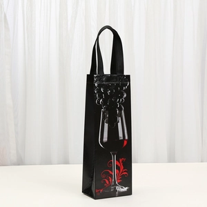 Black non-woven wine gift bag with elegant red wine glass and grape pattern print