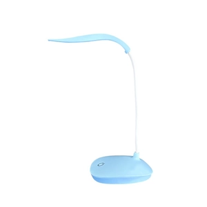 Minimalist light blue LED desk lamp with flexible neck and touch switch on white background