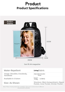 Waterproof black leather backpack with checkerboard pattern showing 32x28x13cm size detail