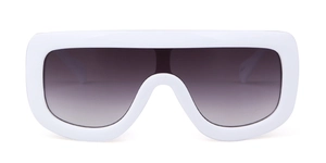 Macro detail of bold white aviator frame and dark grey gradient lens on fashion sunglasses