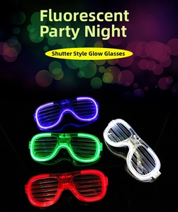 Close-up of shutter-style LED glowing glasses in purple, green, white, and red variants
