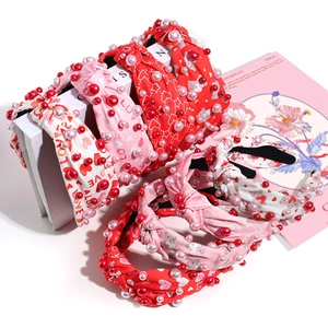 Sweet Knotted Headband Fabric Wide Hair Hoop With Imitation Artificial Pearl Heart Bear Pattern For Women Girls Elegant Headwear
