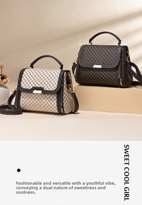 Detail of vintage faux leather handbags with cross pattern and golden metal hardware