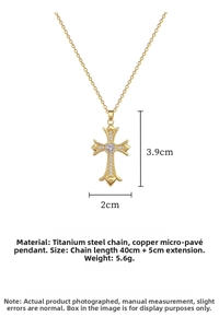 Detailed view of luxury titanium steel cross pendant necklace with sparkling zircons