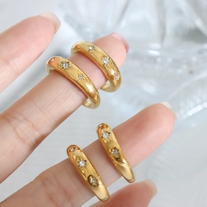 18K gold plated stainless steel wide band ring with starburst zircon engraving