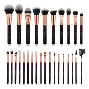 Detailed set of 24 professional makeup brushes with rose gold ferrules and dark handles