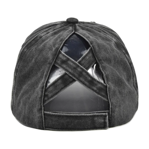 Washed dark gray ponytail baseball cap with criss-cross elastic bands and velcro strap