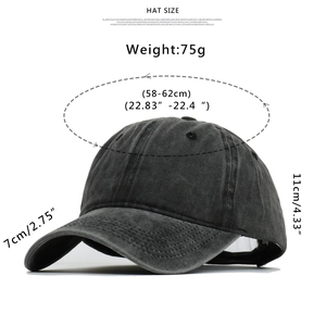 Detail view of washed denim baseball cap with size specs and 75g weight info