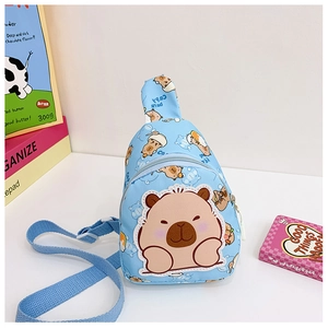Close-up of cute blue Capybara cartoon kids chest bag with detailed animal embroidery