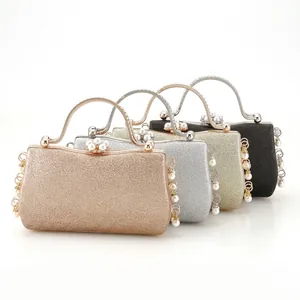 Glitter Evening Clutch Bag Artificial Pearl Rhinestone Decoration Metal Handle Elegant Party Crossbody Handbag For Women
