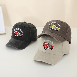 Detailed embroidery of vintage cars and Motor Club text on washed cotton baseball caps