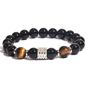 Men's stainless steel tiger eye and obsidian beaded bracelet with silver metal cylinder