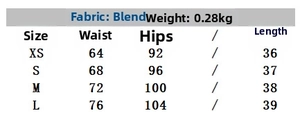 Size chart for women's sequin A-line mini skirt showing waist and hip measurements