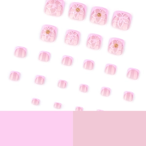 French style press-on toenails featuring 3D white flowers and gold beads on pink base