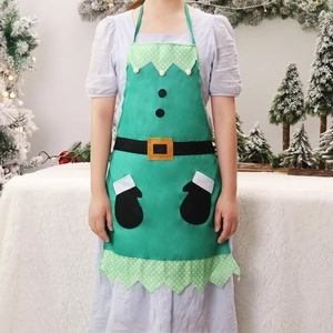 Christmas elf themed apron with green fabric, black belt design and white pom pom details