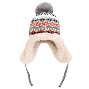 Close-up of geometric jacquard pattern and soft faux fur lining on the winter hat
