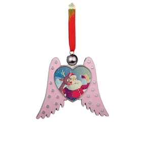 Metal heart ornament with pink wings and Santa Claus selfie print for Christmas tree
