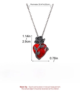 Gothic heart pendant necklace size chart with dimensions of red stone and black vine