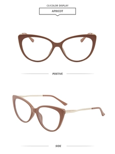 Detail view of apricot cat-eye glasses with gold metal temples from front and side