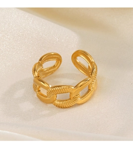 Detail shot of a 18K gold plated stainless steel chain ring on white silk background