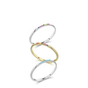 925 Sterling Silver Ring For Women Minimalist Slim Rainbow Cubic Zirconia Stackable Dainty Jewelry Colorful Stones