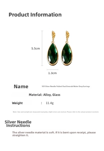 Detailed size chart for retro emerald glass drop earrings with gold textured hooks