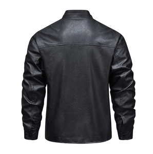 Rear view of men's black faux leather jacket featuring a stand collar and shoulder stitching