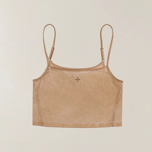 Detail of faded brown sports vest showing soft brushed fabric and cross logo print