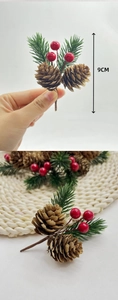 Detail of 9cm Christmas pick with pine cones, red berries and realistic needles