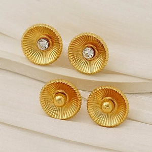 Round Stud Earrings 18K Gold Plated Stainless Steel Sunburst Texture French Retro Vintage Style For Women