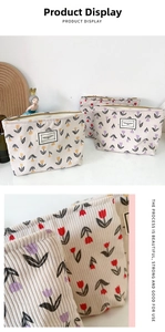 Detailed macro view of corduroy makeup bag fabric texture and floral tulip pattern