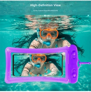 Purple waterproof phone pouch for underwater photography with secure dual swivel lock