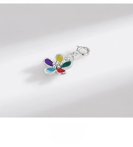 Macro shot of colorful S925 sterling silver flower pendant with enamel petals and spring clasp