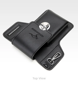 Detail view of black leather phone holster with metal buckle and belt loop attachment