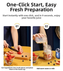 Detail of portable blue blender showing fruits being added into the striped clear juicing cup