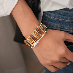 Bohemian retro bracelet set with amber gemstones, pearls and vintage gold metalwork