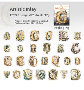 Baroque style gold PET alphabet stickers with 26 artistic letters for journaling