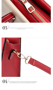 Close-up of golden hardware zipper and polished plating on a red leather handbag