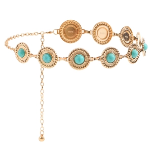 Vintage gold metal chain belt featuring turquoise stone inlays for dresses and skirts