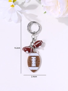Detail of American football keychain with glitter acrylic pendant and size measurements