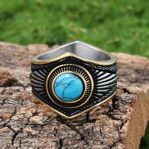 Men Vintage Stainless Steel Ring With Blue Turquoise Eight Pointed Star Indian Feather Carved Punk Jewelry