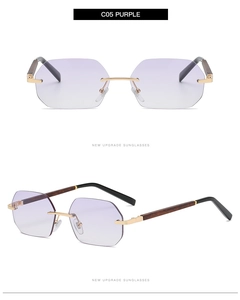 Frameless polygon sunglasses in purple gradient with vintage wood grain temples detail