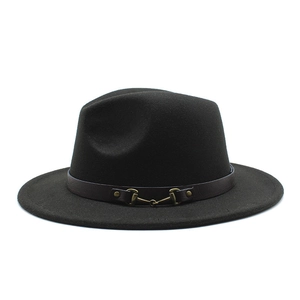 Classic black wool fedora hat with crocodile pattern leather band and horse-bit buckle