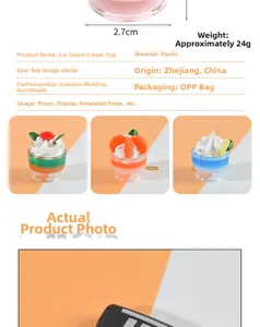 Detailed view of artificial ice cream sundae cups showing dimensions and plastic textures