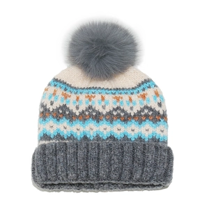 Detailed view of Fair Isle knit beanie with colorful patterns and gray faux fur pom-pom