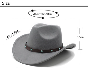 Gray felt cowboy hat size specifications showing 57-58cm head circumference and 7cm brim
